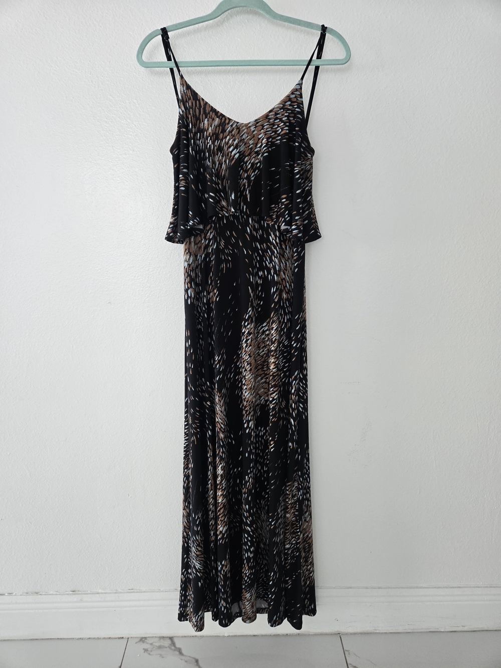 Veronica M Black Maxi Dress with Brown, Blue  & White Pattern Size S
